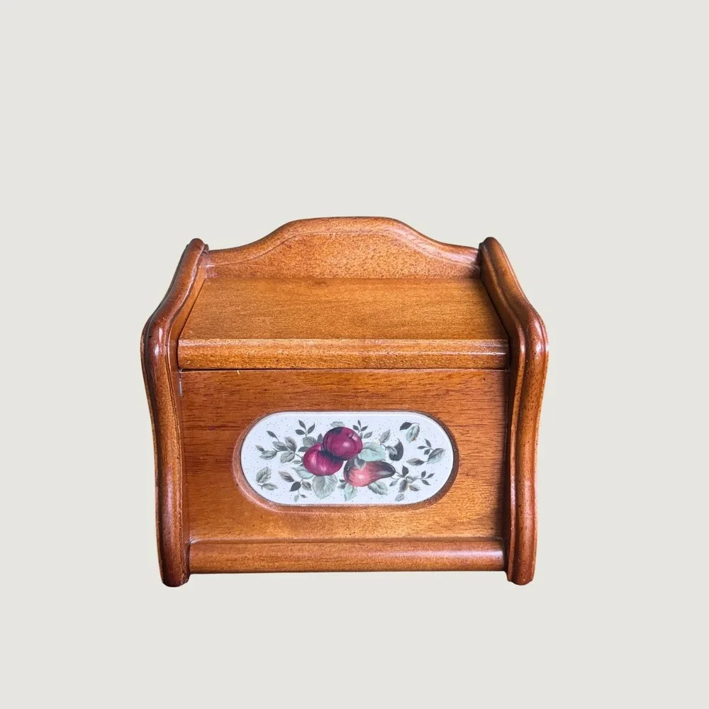 Vintage Pomerantz Wooden Recipe Box Fruit Ceramic Inlay Brown Kitchen Storage